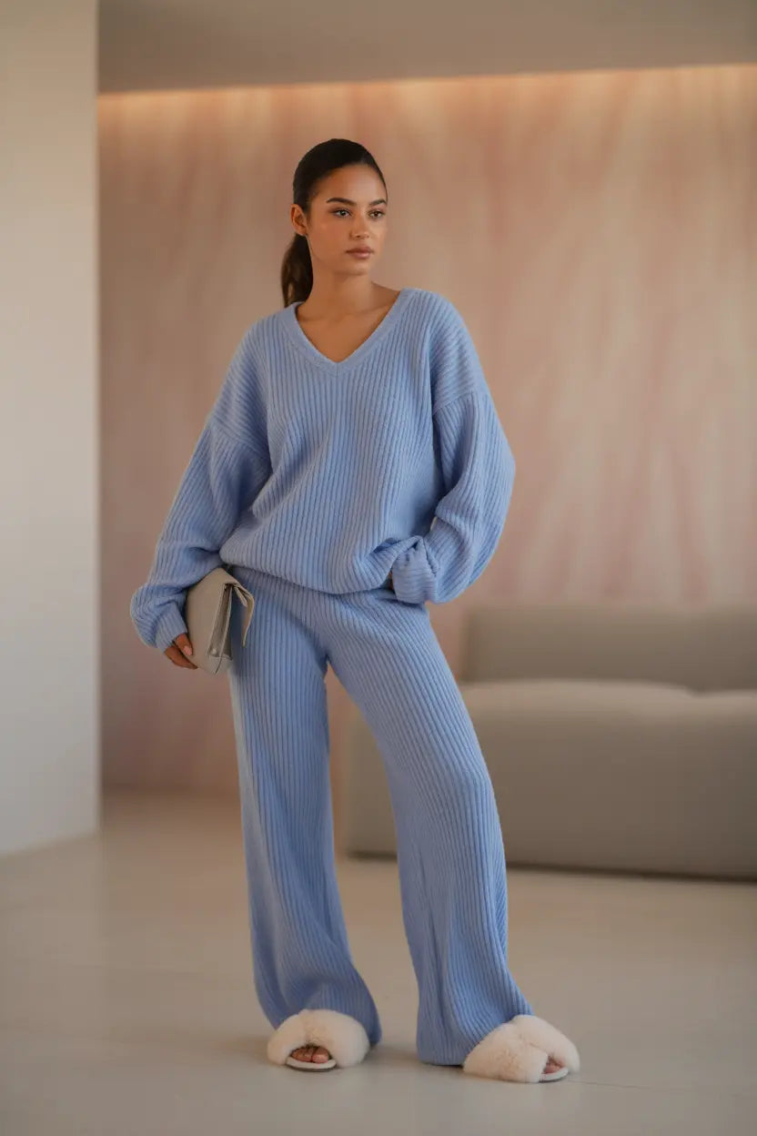 Women’s Ribbed Knit Loungewear Set – Oversized Sweater and Wide-Leg Pants Nuvella-Lane