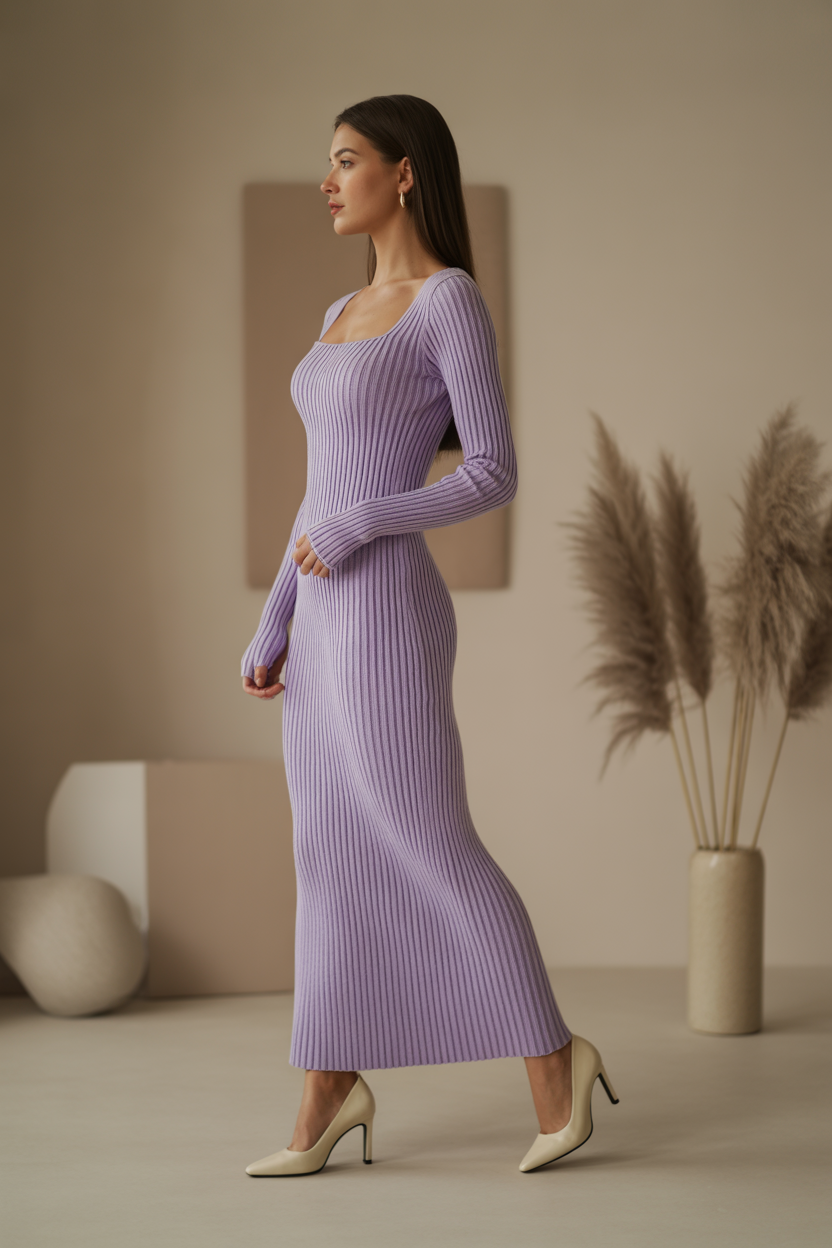 Purple ribbed maxi dress with flared sleeves and square neckline