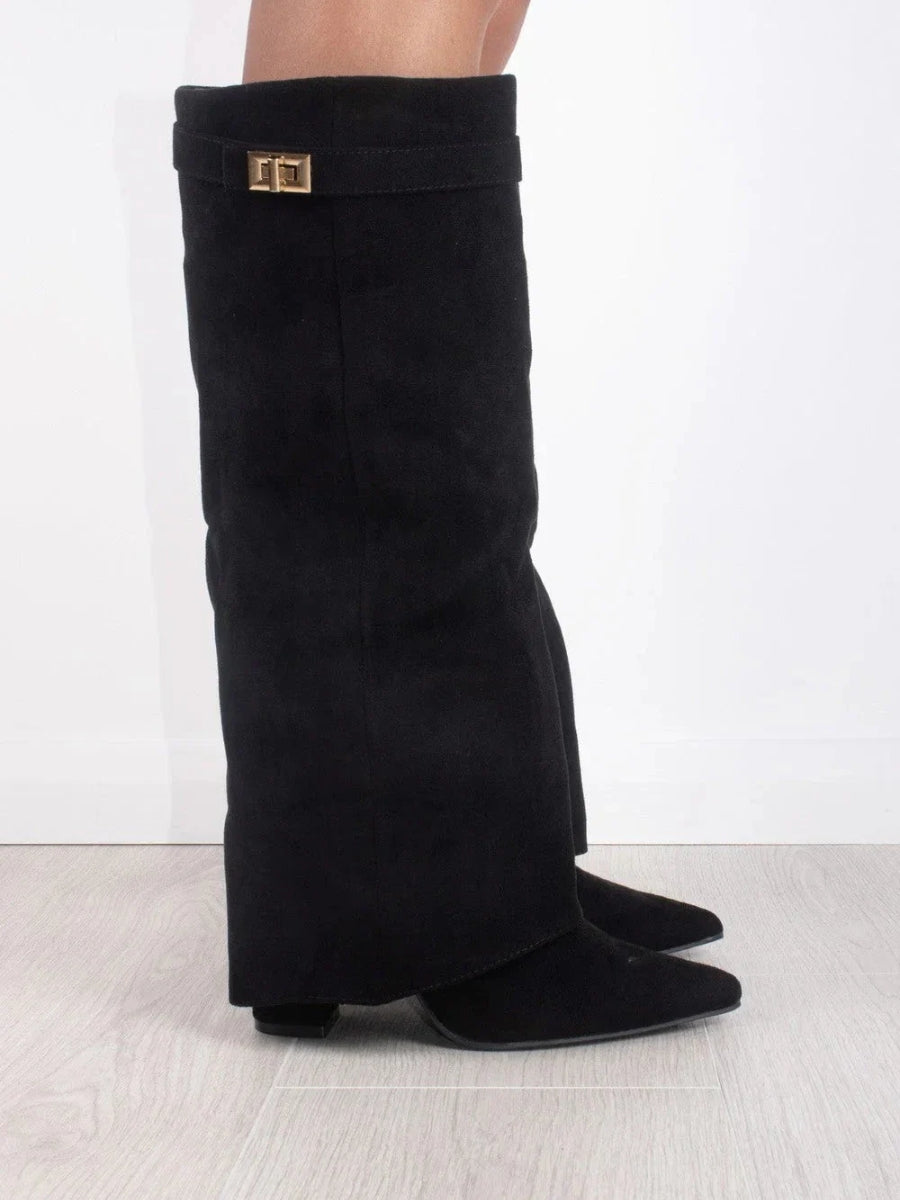 Women’s Black Suede Knee-High Boots – Pointed Toe Low Heel