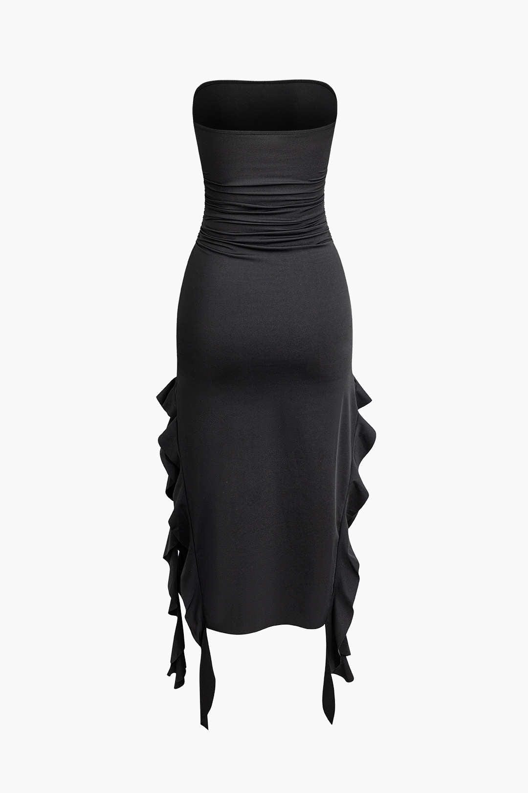 Women’s Strapless Bodycon Midi Dress with Ruffle Hem – Party Outfit