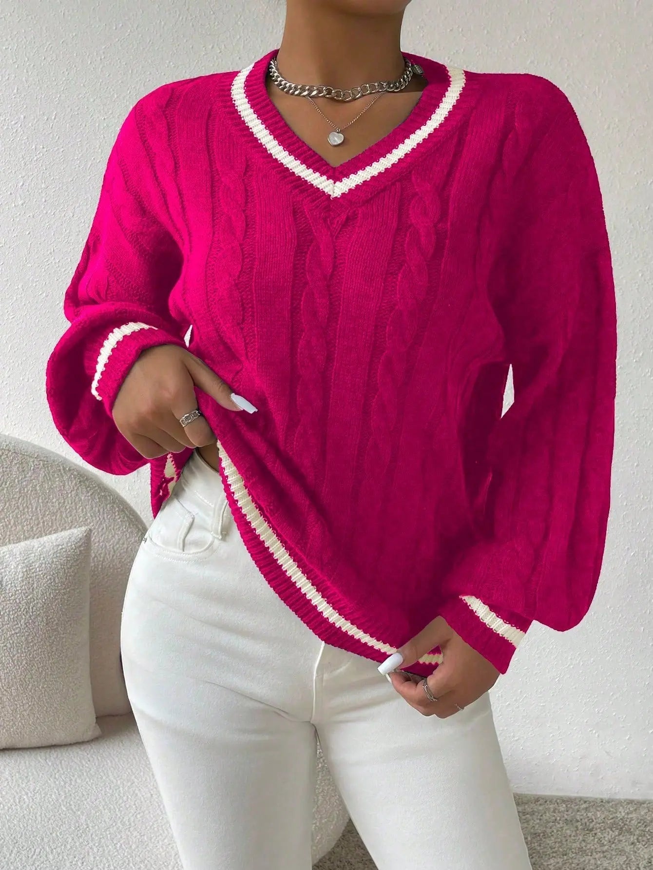 Women’s V-Neck Contrast Trim Jumper – Available in Multiple Colours