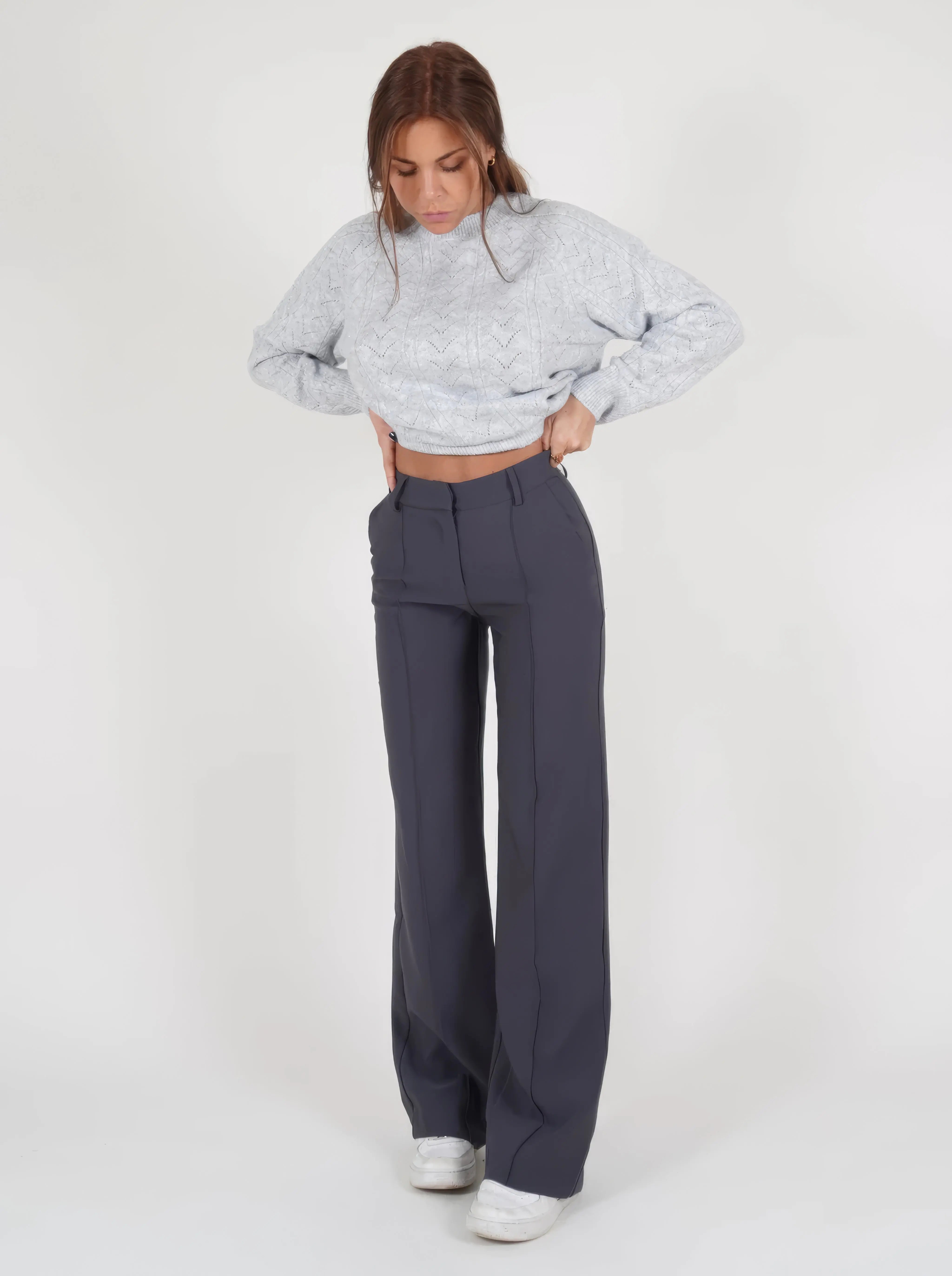 Women’s High-Waisted Wide-Leg Trousers – Dark Grey
