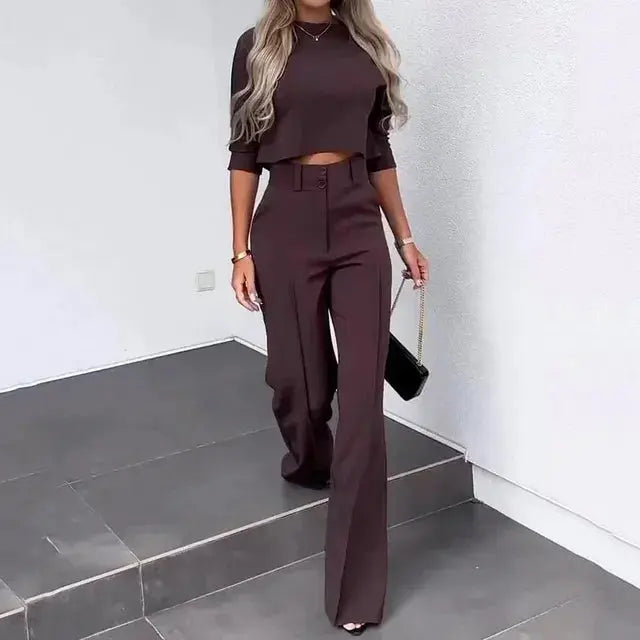 Women’s Two-Piece Set – Black Long-Sleeve Crop Top and High-Waisted Trousers