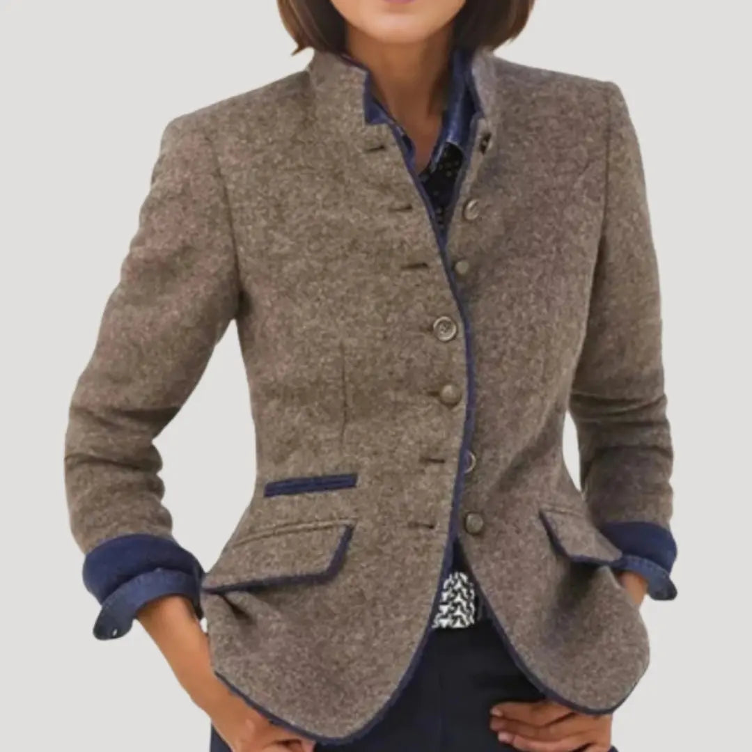Women's Vintage Wool Blend Blazer – Elegant Tailored Jacket with Contrast Trim Nuvella-Lane