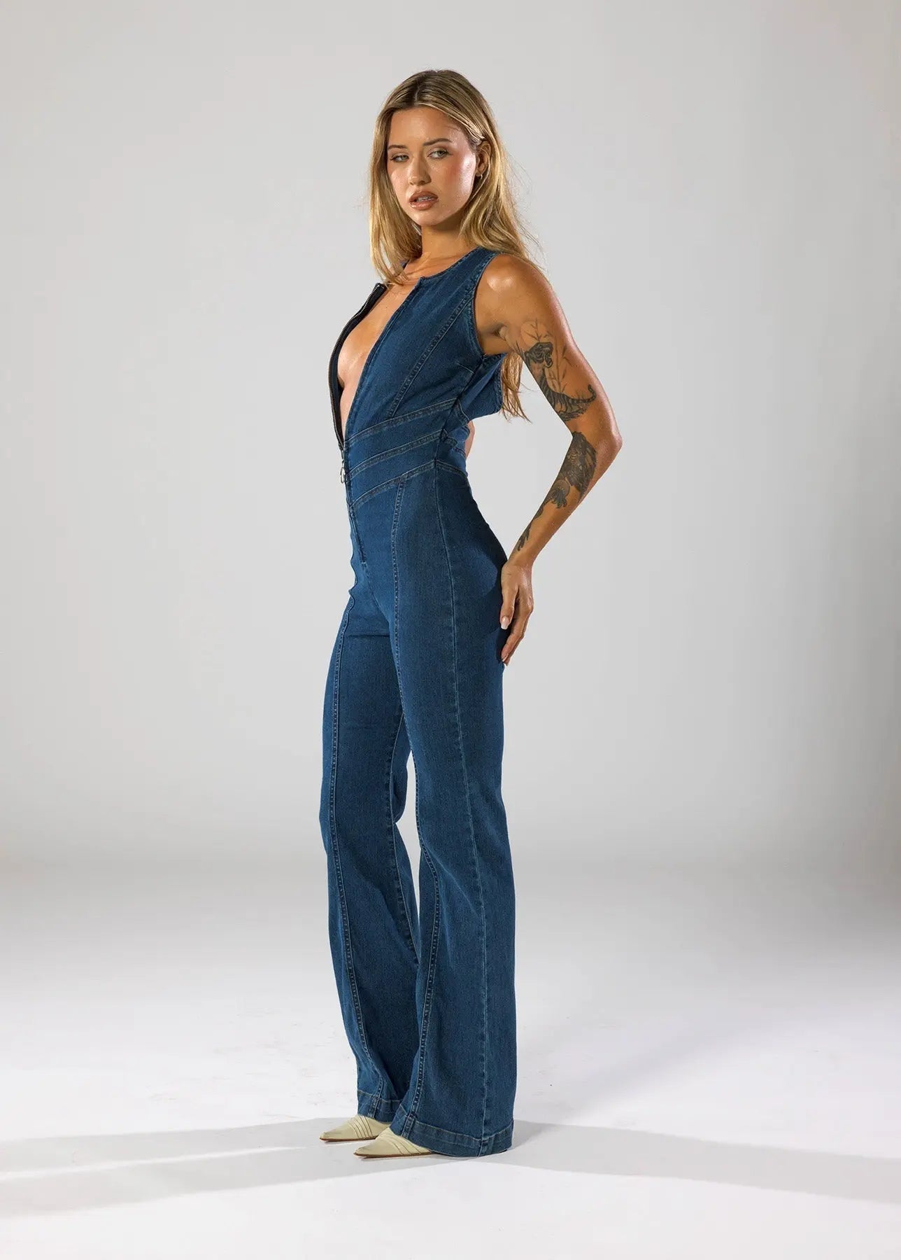 Women’s Deep V-Neck Denim Jumpsuit – Flared Leg One-Piece