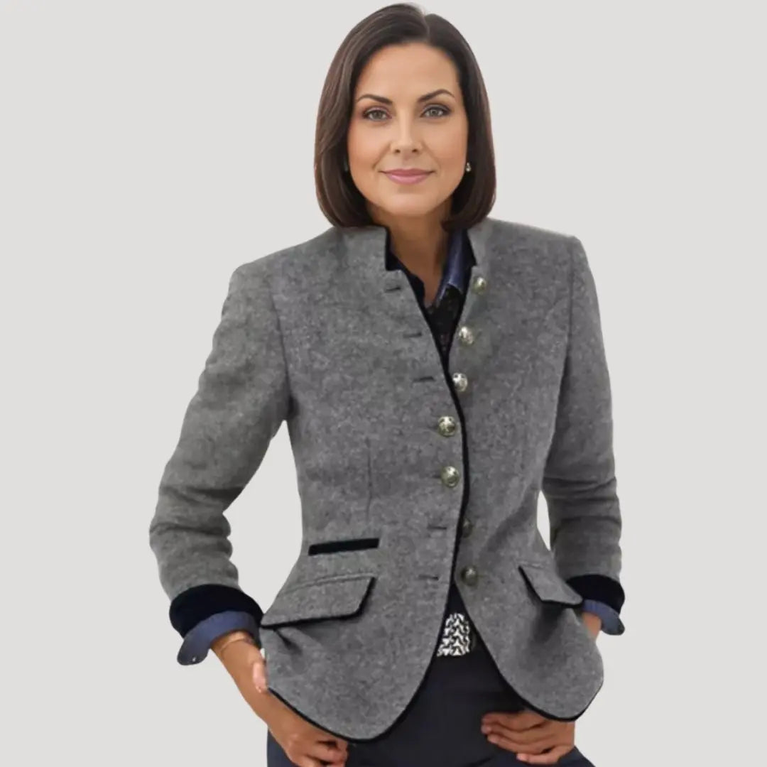Women's Vintage Wool Blend Blazer – Elegant Tailored Jacket with Contrast Trim Nuvella-Lane