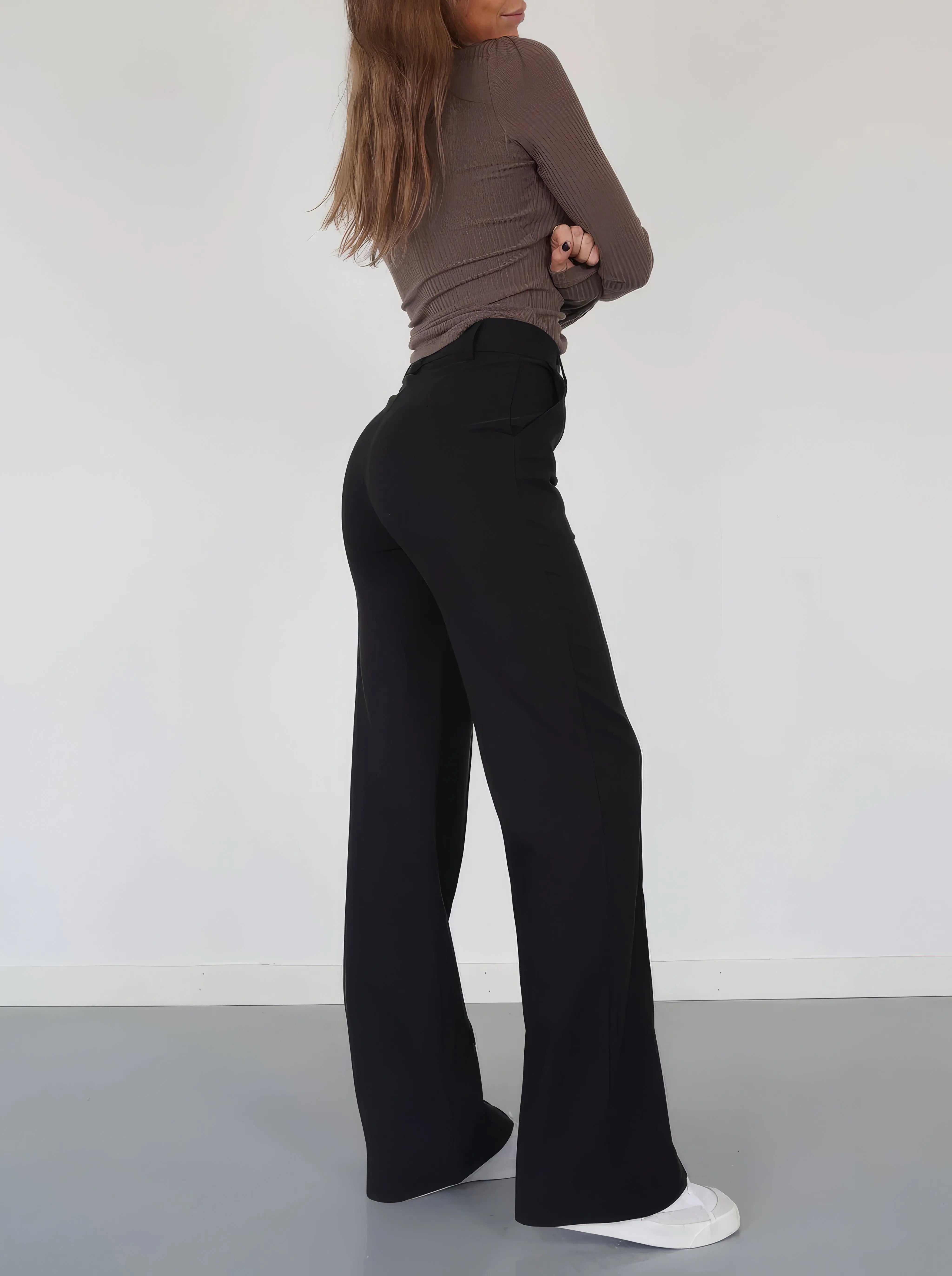 Women’s High-Waisted Wide-Leg Trousers – Dark Grey
