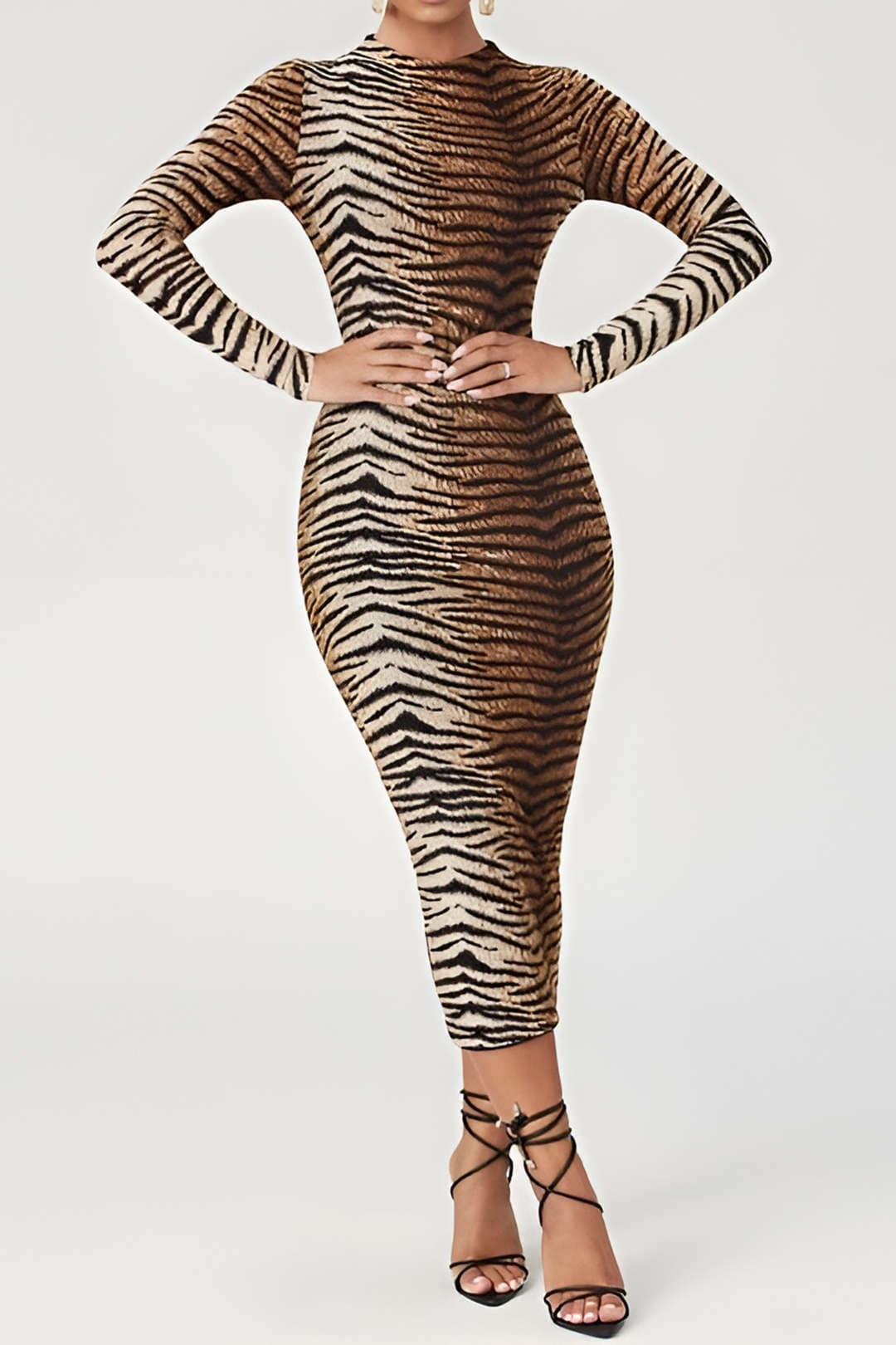 Women’s Animal Print Bodycon Midi Dress – Long Sleeve Party Dress