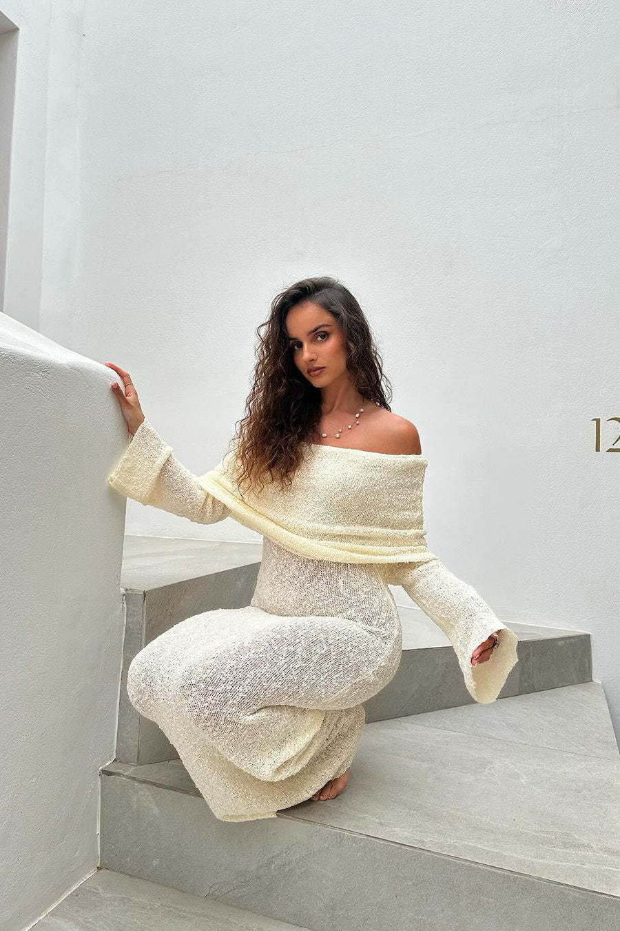 Off Shoulder Bouclé Knit Maxi Dress for Women – Long Sleeve, Elegant Slim Fit