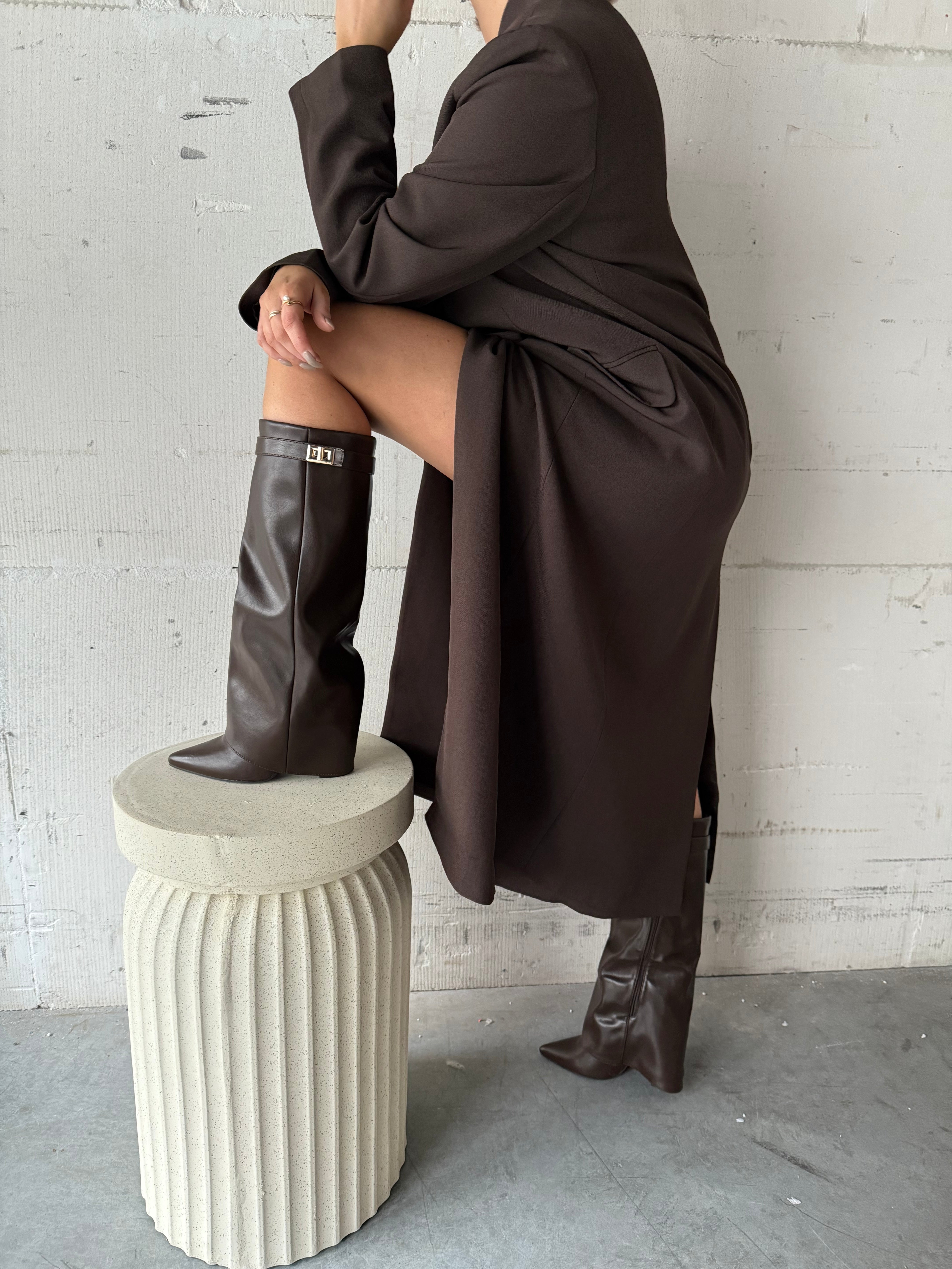 Women’s Knee-High Faux Leather Boots – Pointed Toe, Buckle Detail, Block Heel