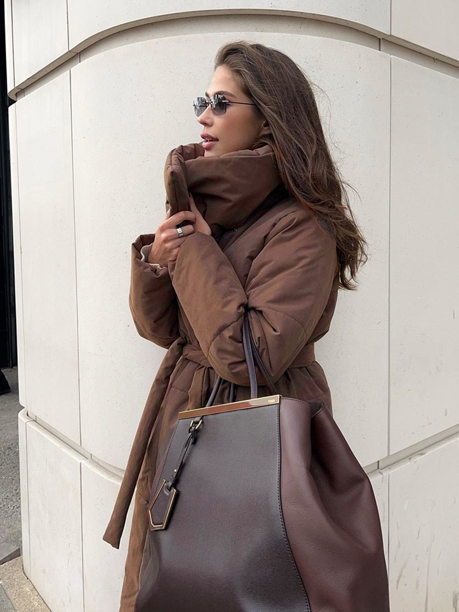 Long Belted Puffer Coat for Women – Elegant Winter Jacket