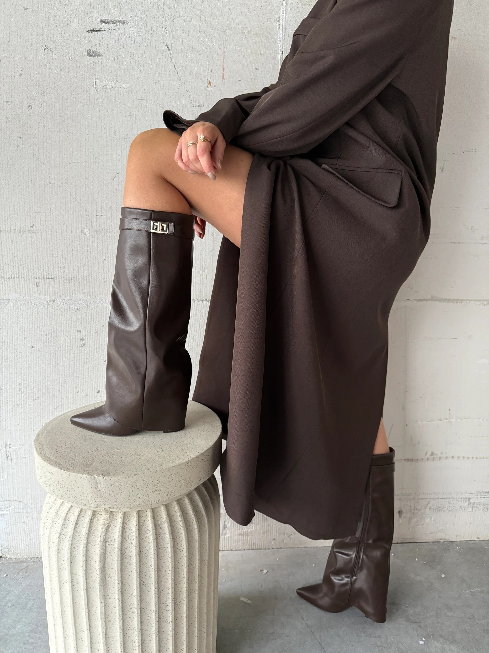 Women’s Knee-High Faux Leather Boots – Pointed Toe, Buckle Detail, Block Heel