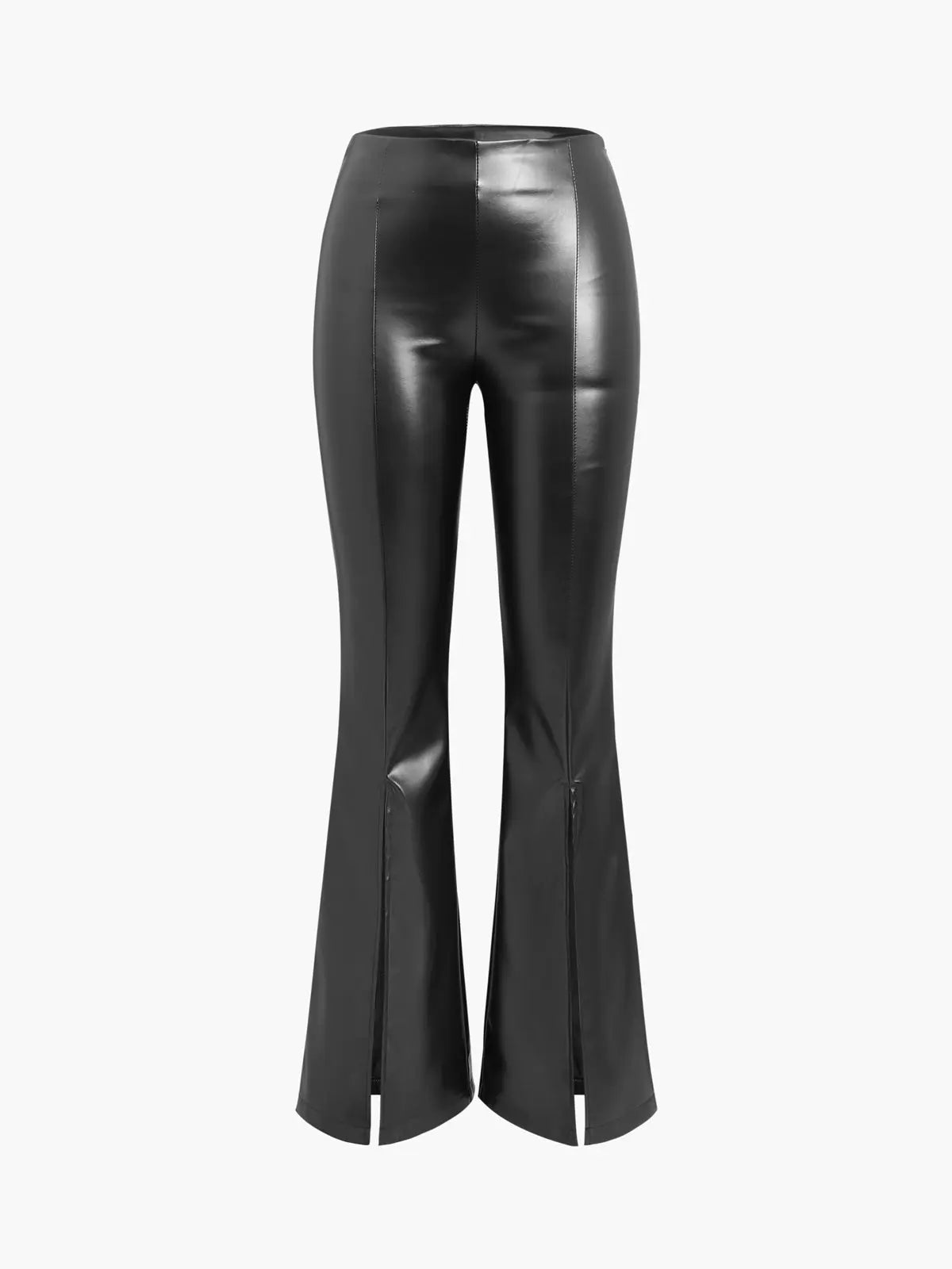 Women’s Black Faux Leather Flared Trousers – High-Waisted Slim Fit