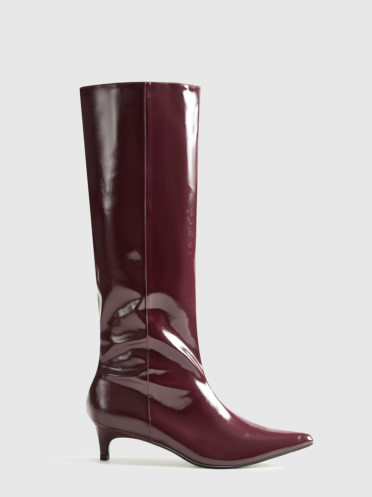 Women’s Burgundy Patent Knee-High Boots – Pointed Toe with Low Heel