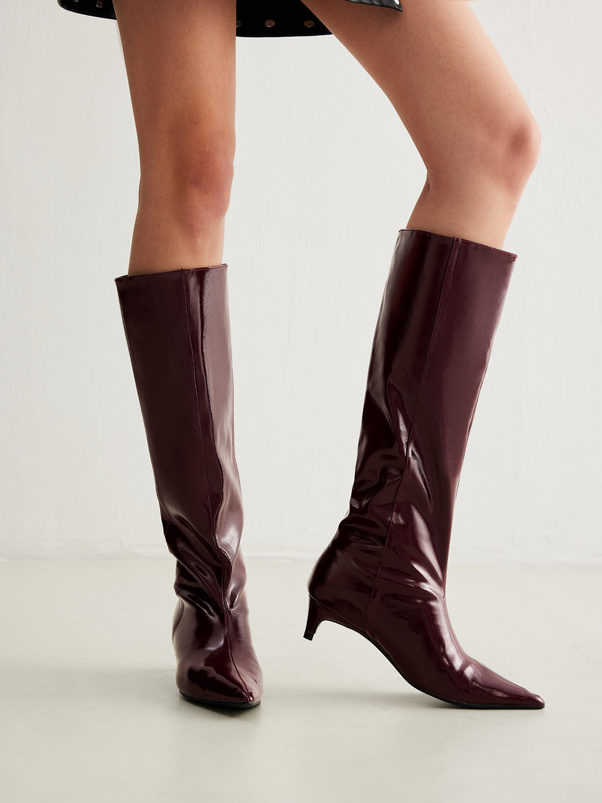 Women’s Burgundy Patent Knee-High Boots – Pointed Toe with Low Heel