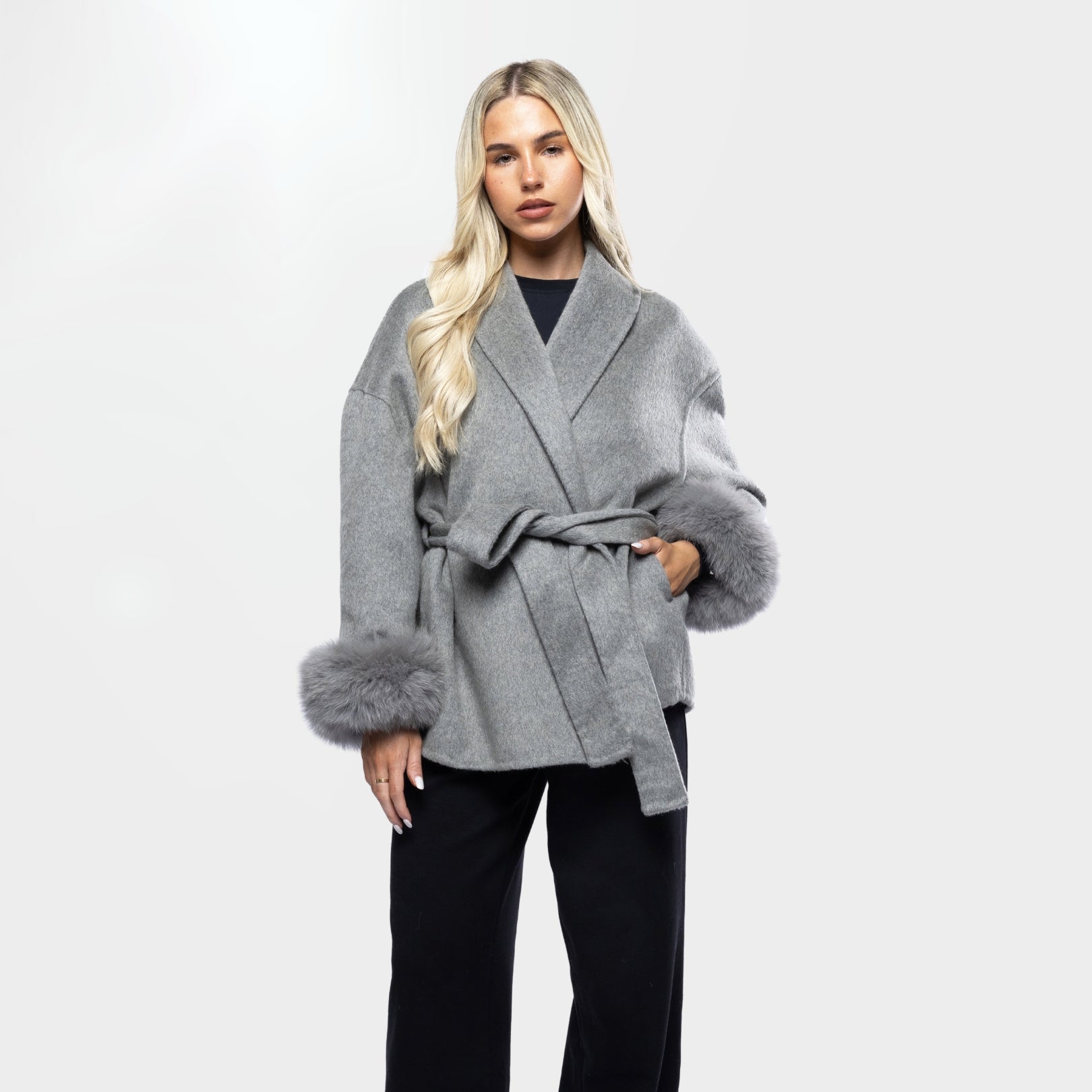 Women’s Grey Wrap Coat with Faux Fur Cuffs