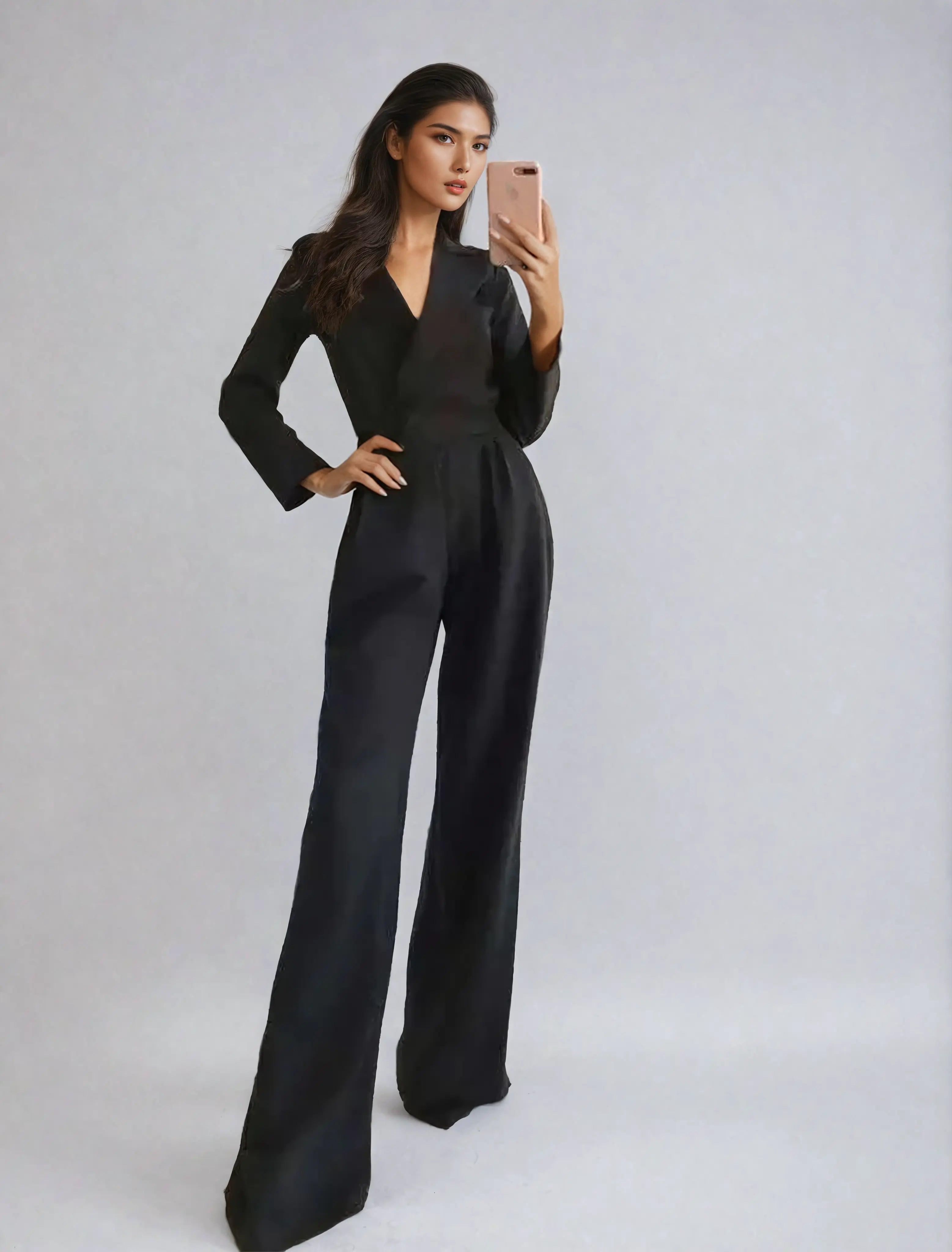 Women’s Satin Wrap Jumpsuit – Long Sleeve Belted One-Piece