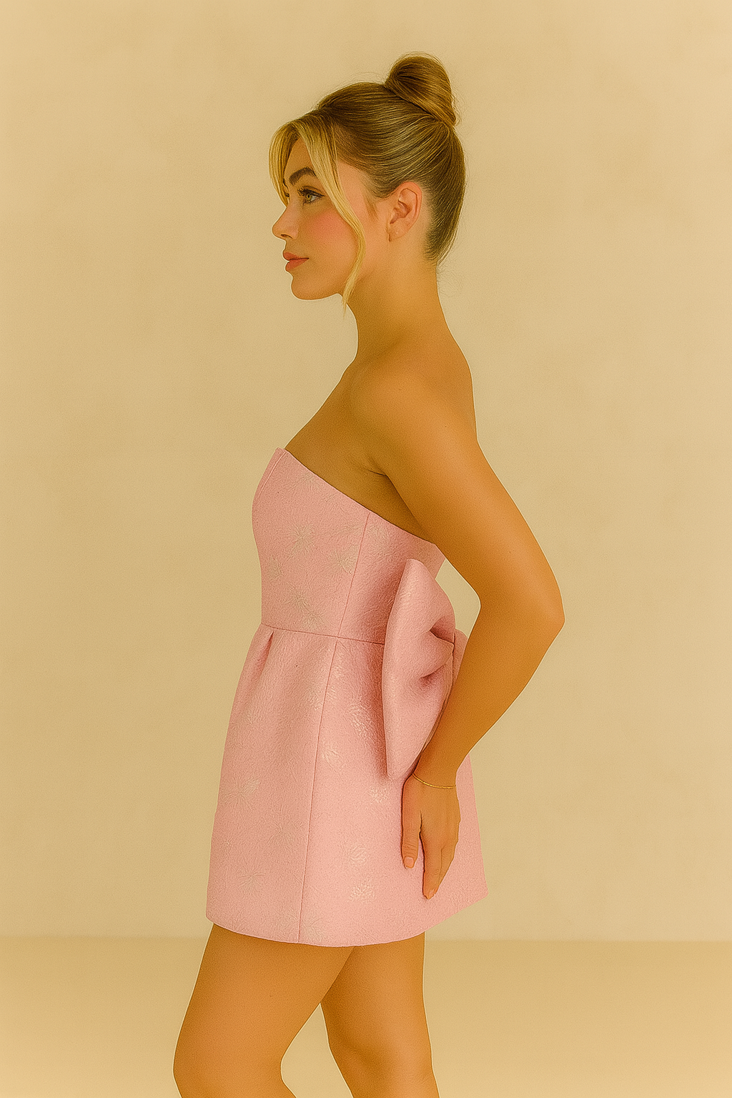 Strapless pink jacquard cocktail mini dress with sculpted silhouette