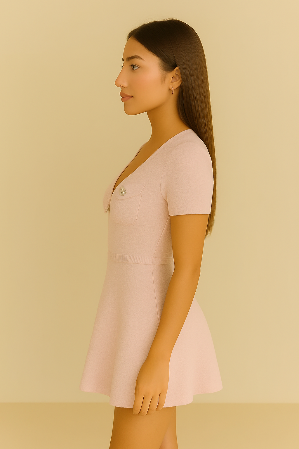 Light pink tweed mini dress with gold buttons and patch pockets