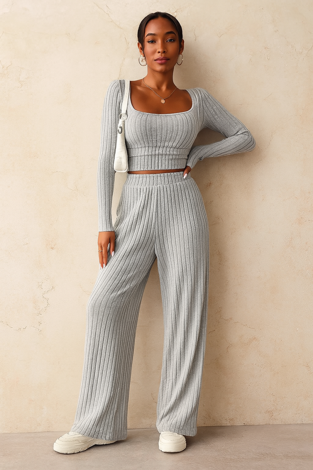 Ribbed Knit Lounge Set in Cream | 2-Piece Cozy Co-ord