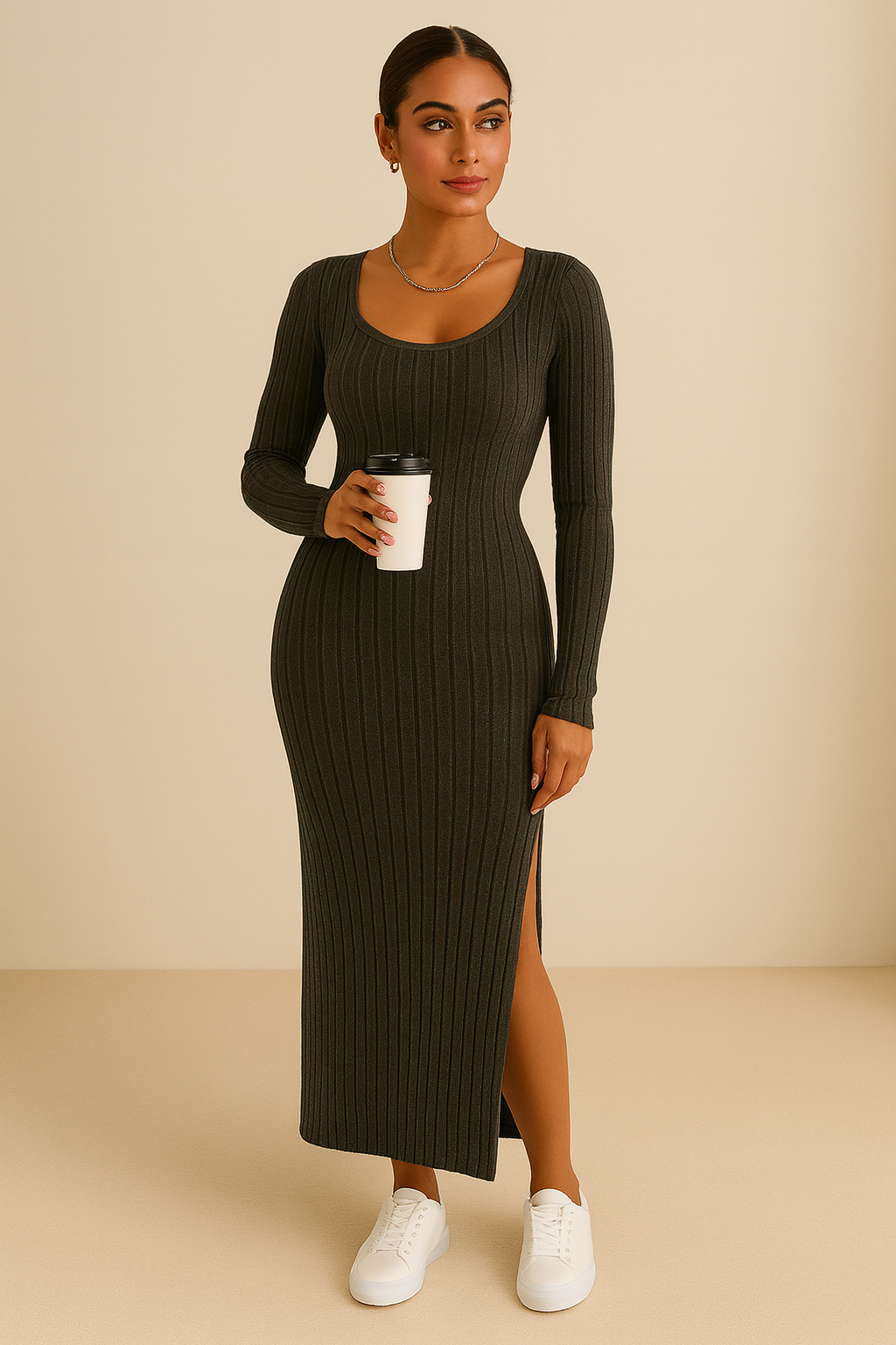 Ribbed Knit Bodycon Maxi Dress for Women – Long Sleeve, Side Slit, Slim Fit