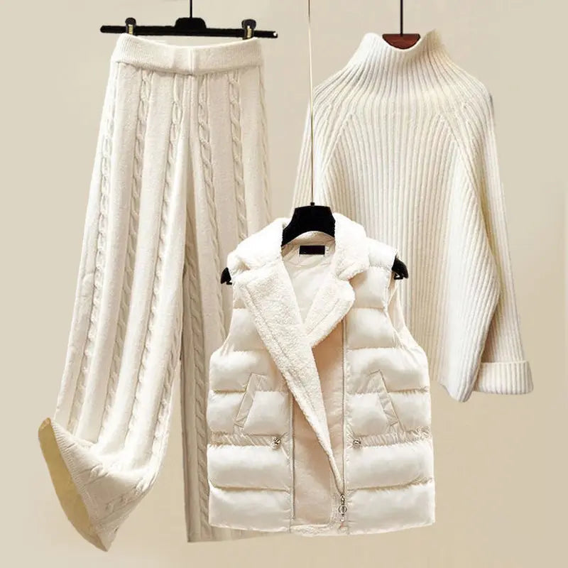 3-Piece Women’s Outfit Set – White Puffer Gilet, Turtleneck Jumper and Wide-Leg Trousers