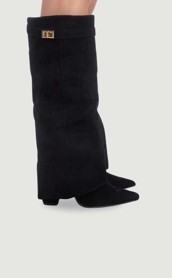 Women’s Black Suede Knee-High Boots – Pointed Toe Low Heel