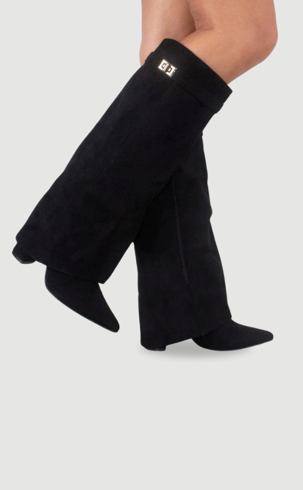 Women’s Black Suede Knee-High Boots – Pointed Toe Low Heel