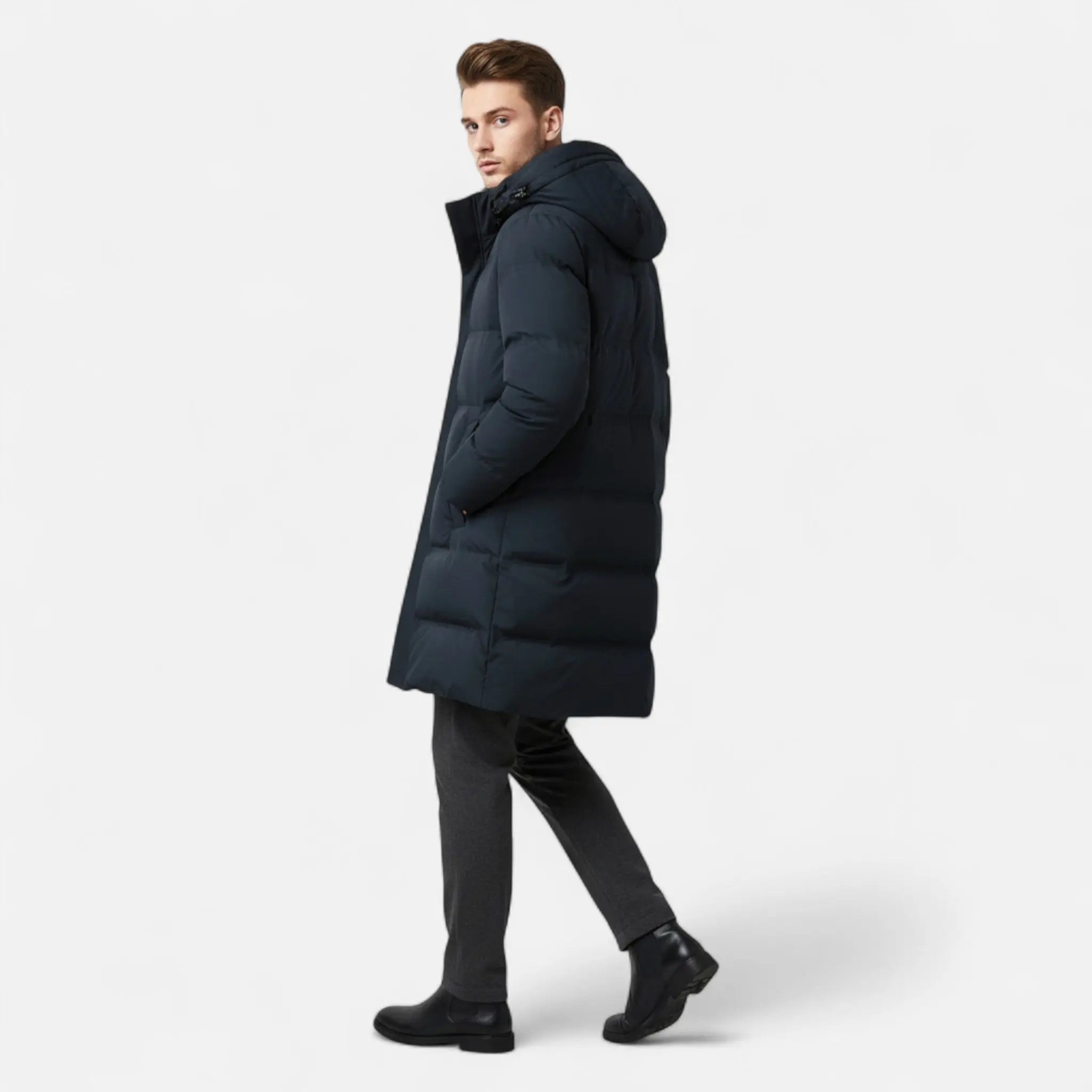 Men’s Long Puffer Jacket – Windproof Hooded Winter Coat with Insulated Padding Nuvella-Lane