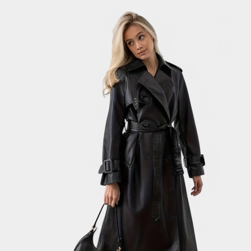 Women’s Long Black Faux Leather Trench Coat with Belt
