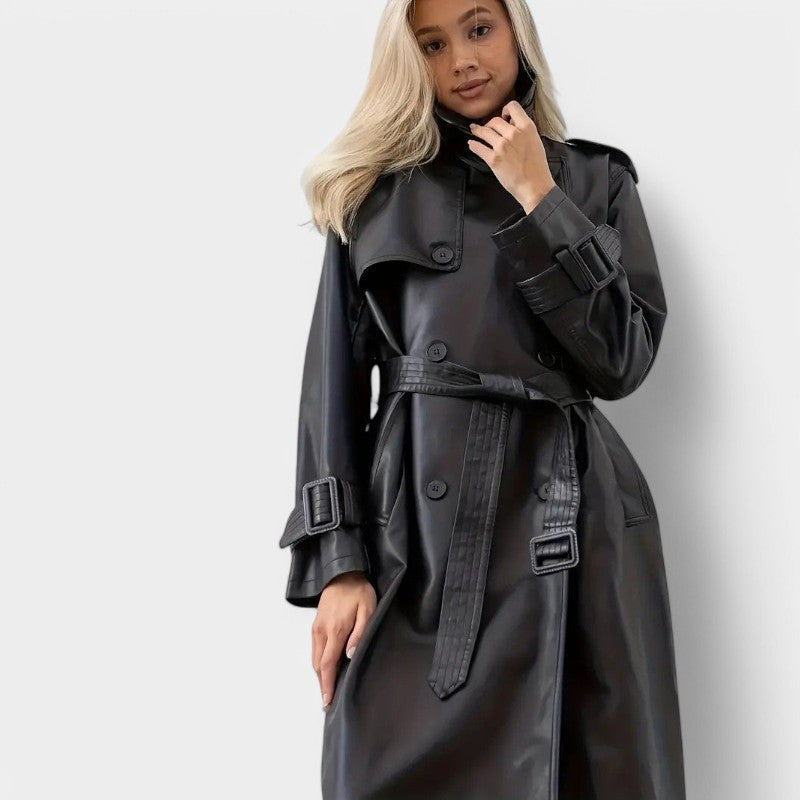 Women’s Long Black Faux Leather Trench Coat with Belt