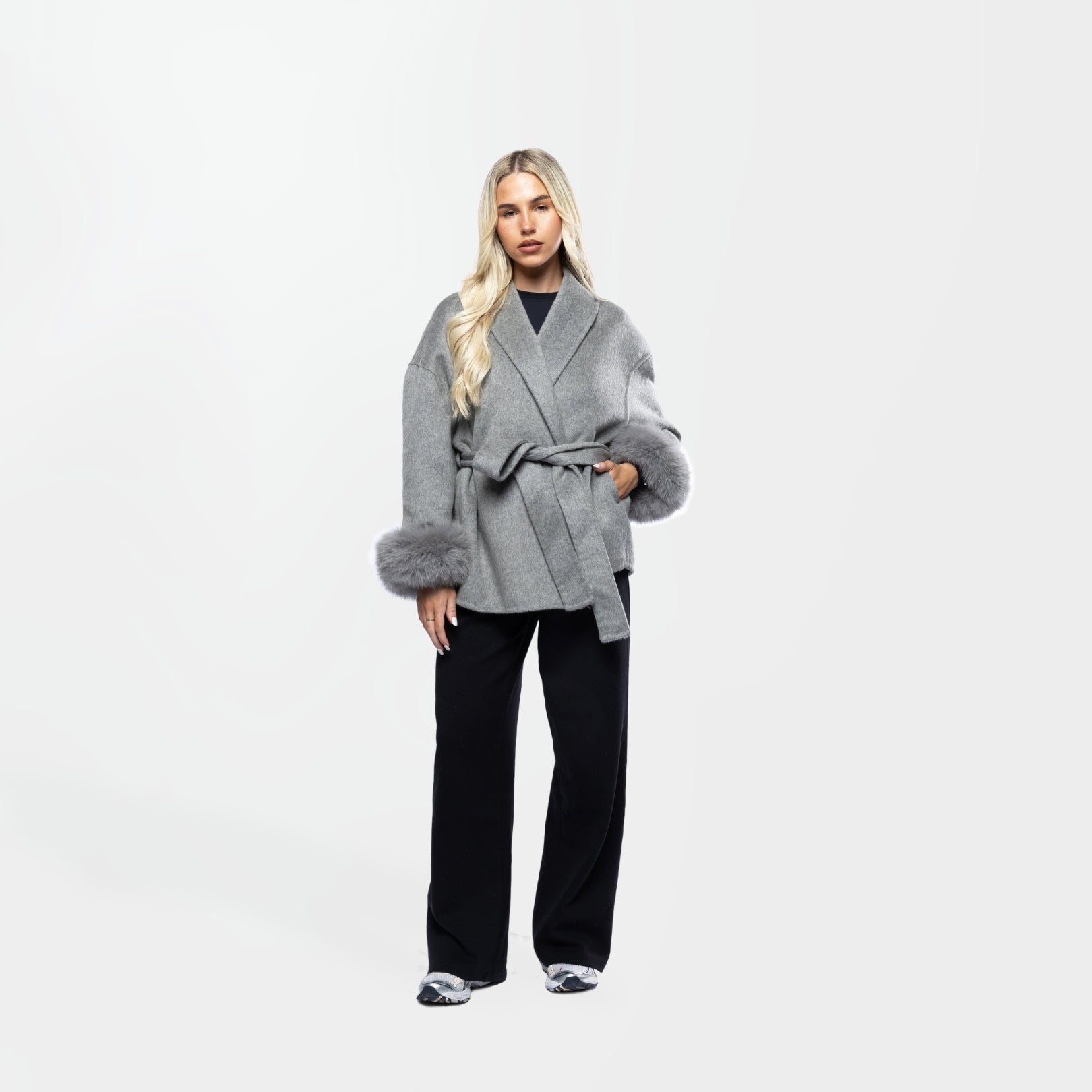 Women’s Grey Wrap Coat with Faux Fur Cuffs