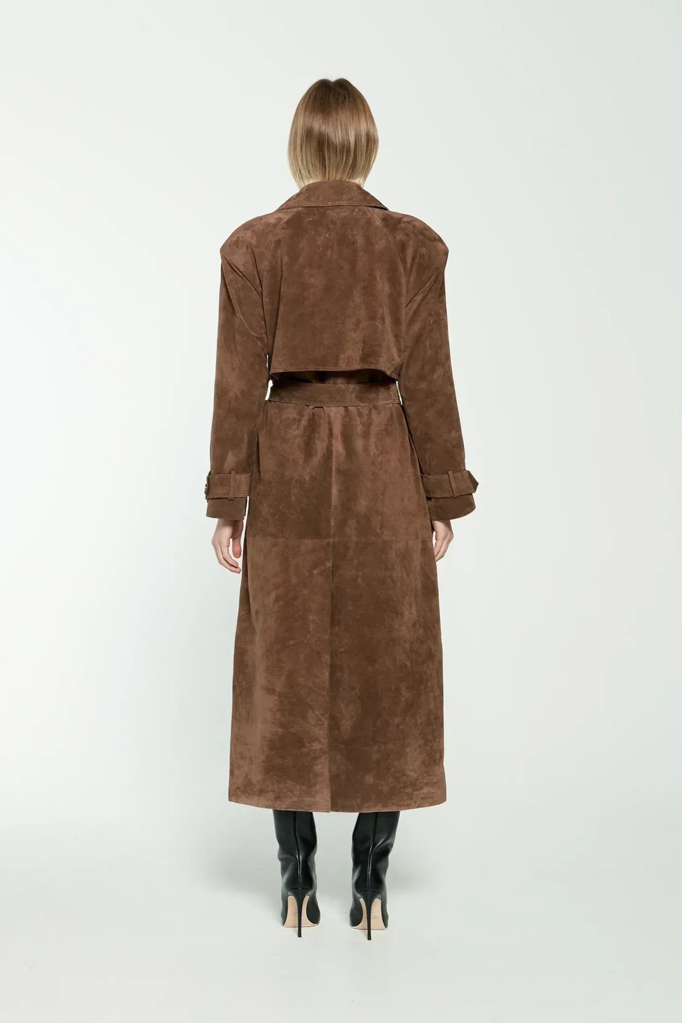 Women's Long Suede Trench Coat – Double-Breasted Belted Overcoat