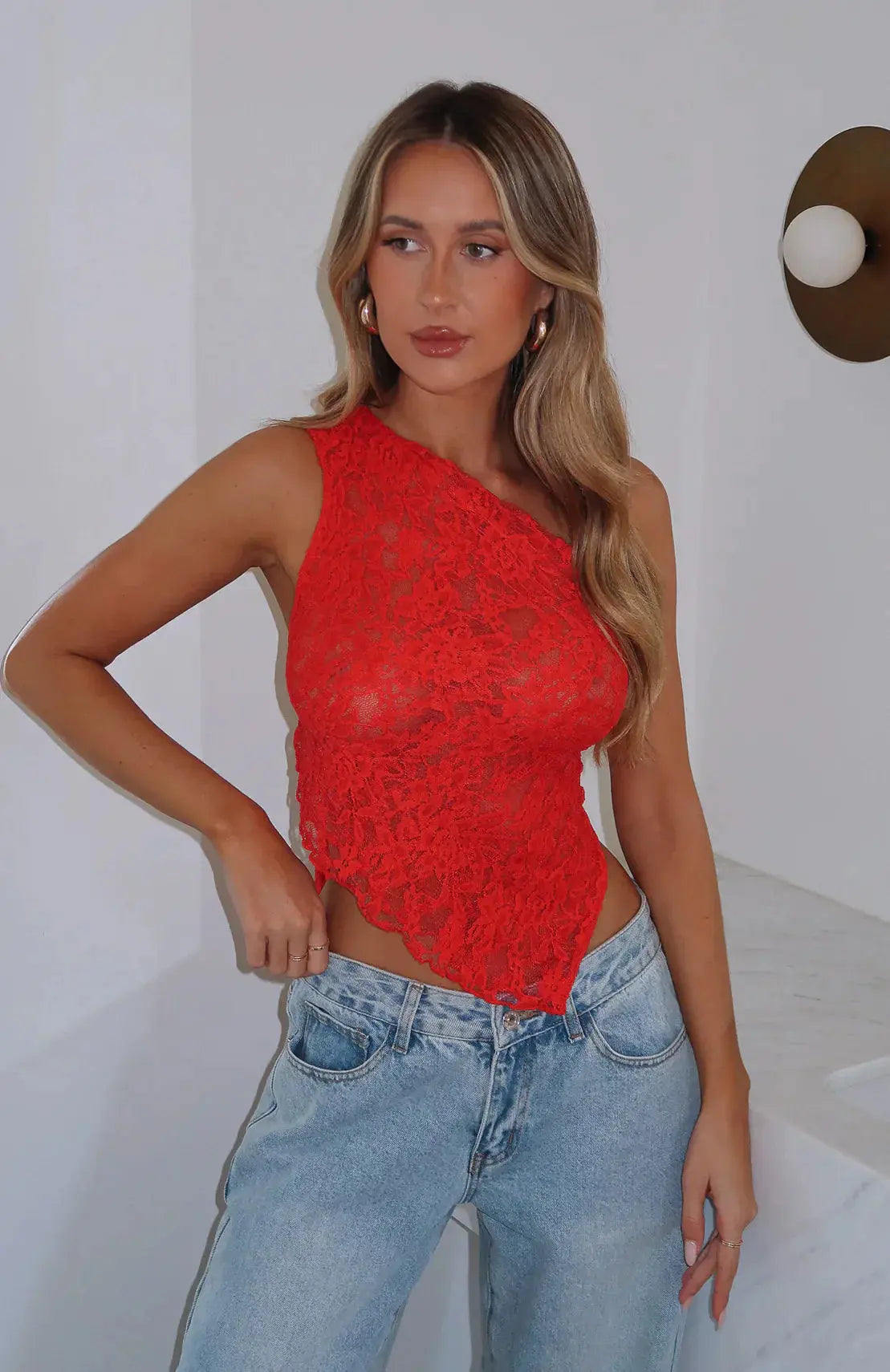 Women’s One Shoulder Lace Top – Asymmetric Sleeveless Blouse
