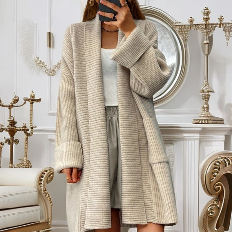 Ribbed Knit Women's Cardigan – Oversized Beige Lounge Coat with Pockets