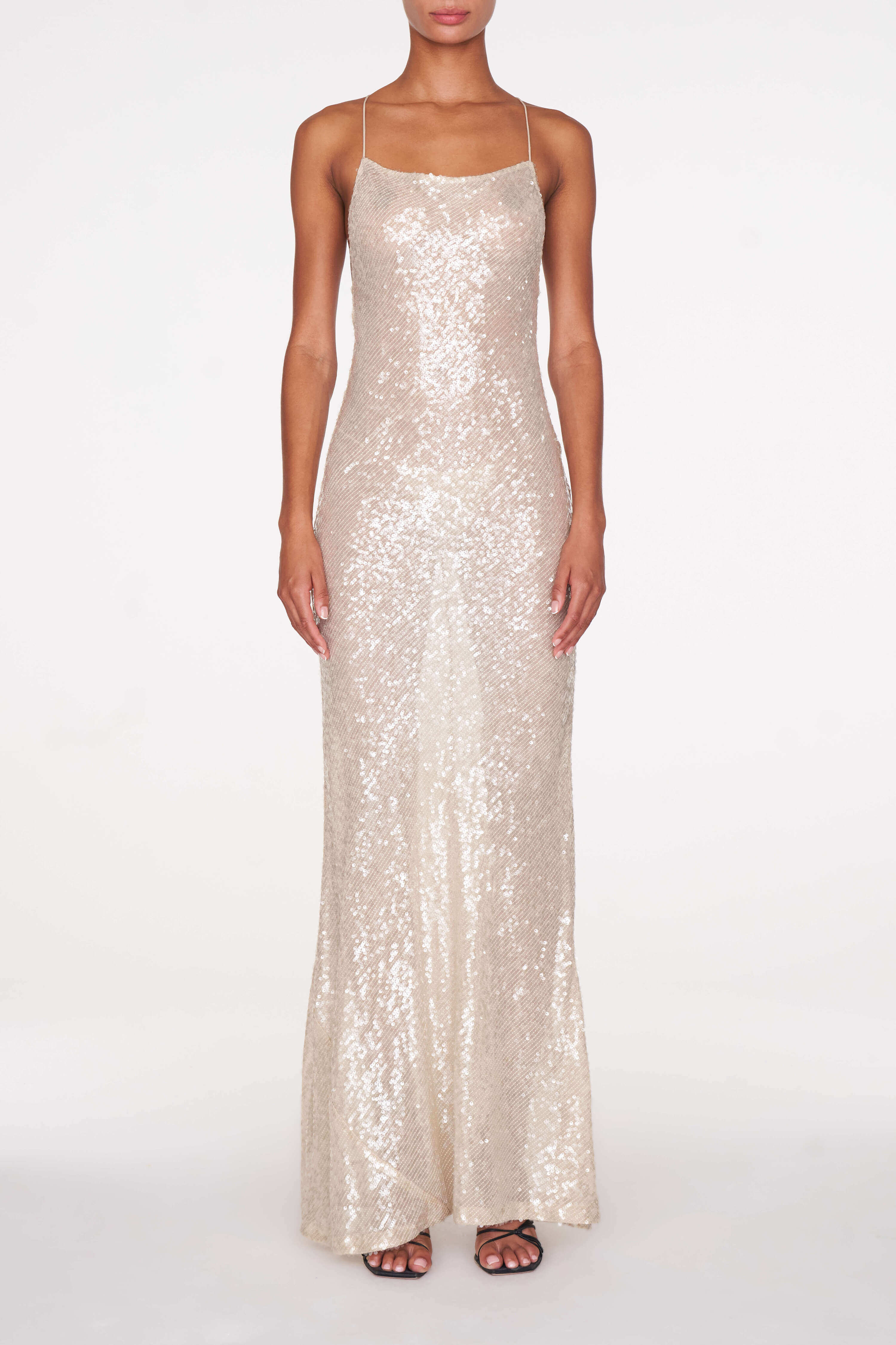 Elegant Sequin Evening Dress – Champagne | Backless Maxi Gown