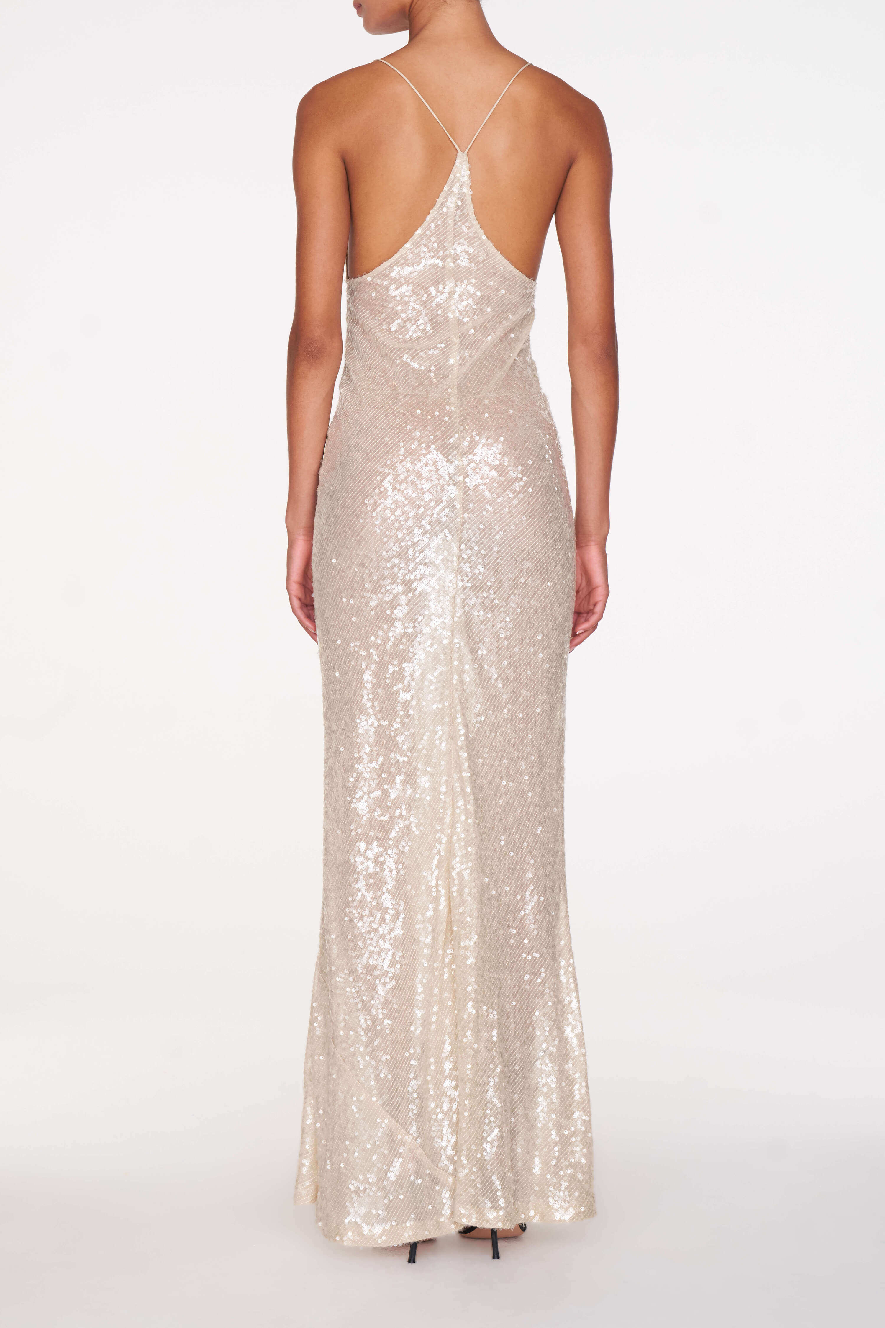 Elegant Sequin Evening Dress – Champagne | Backless Maxi Gown
