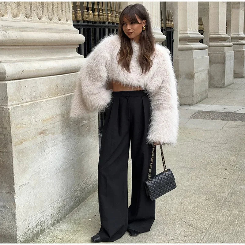 Women's Cropped Faux Fur Top – Long Sleeve Fluffy Jacket Style