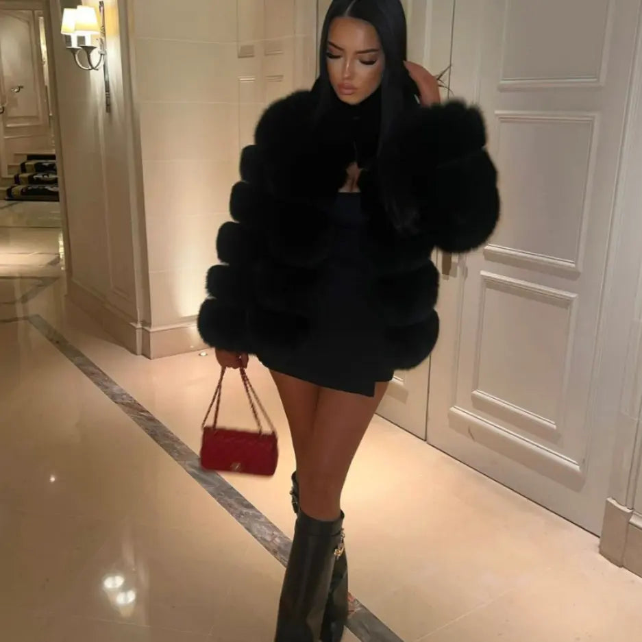 Women’s Luxury Faux Fur Jacket – Short Cut Winter Coat in Brown Nuvella-Lane