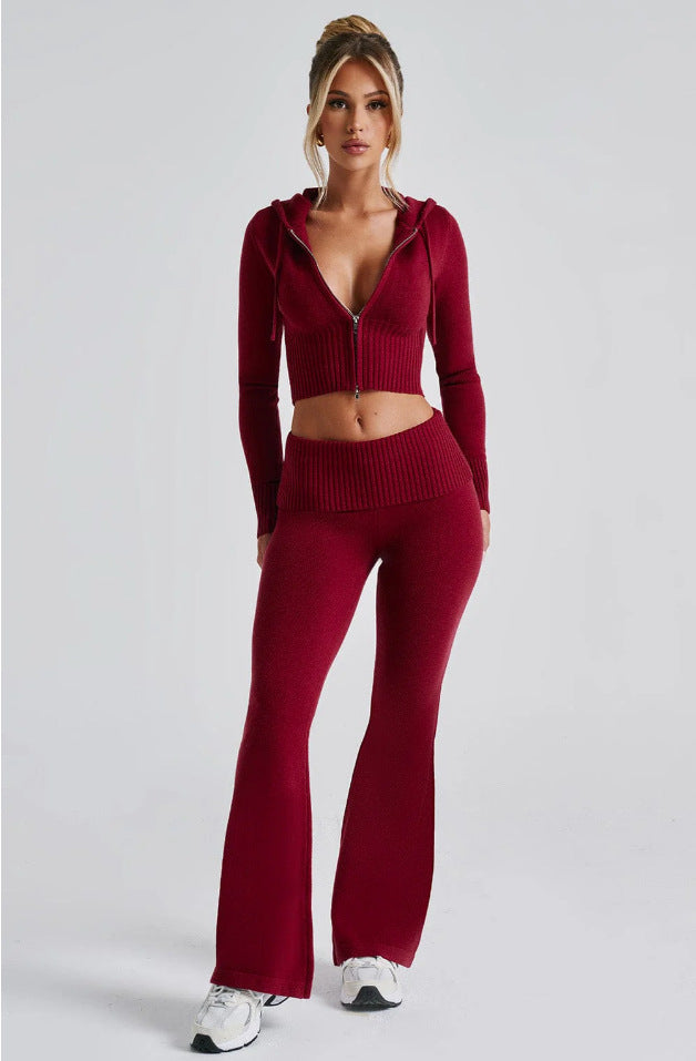 Luxury Burgundy Knitted Two-Piece Set – Flared Pants & Cropped Zip Hoodie