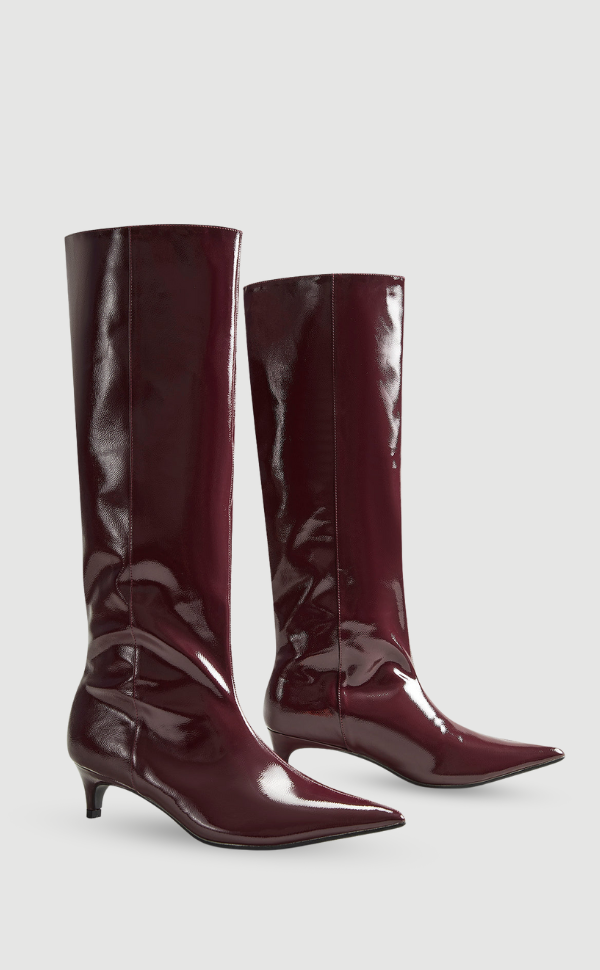 Women’s Burgundy Patent Knee-High Boots – Pointed Toe with Low Heel