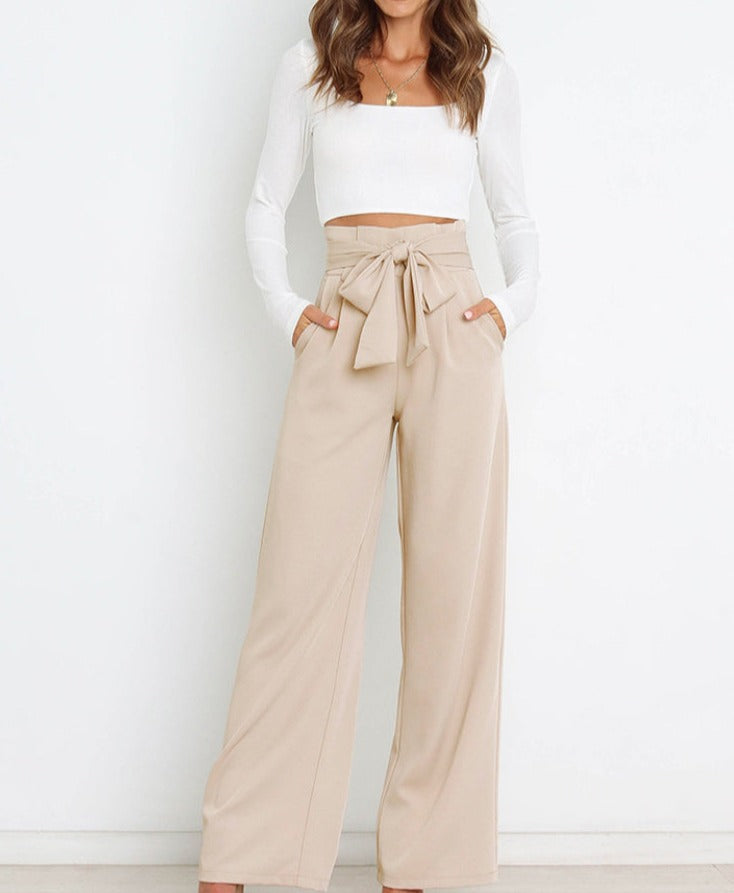Women’s High-Waisted Wide-Leg Black Trousers with Tie Belt