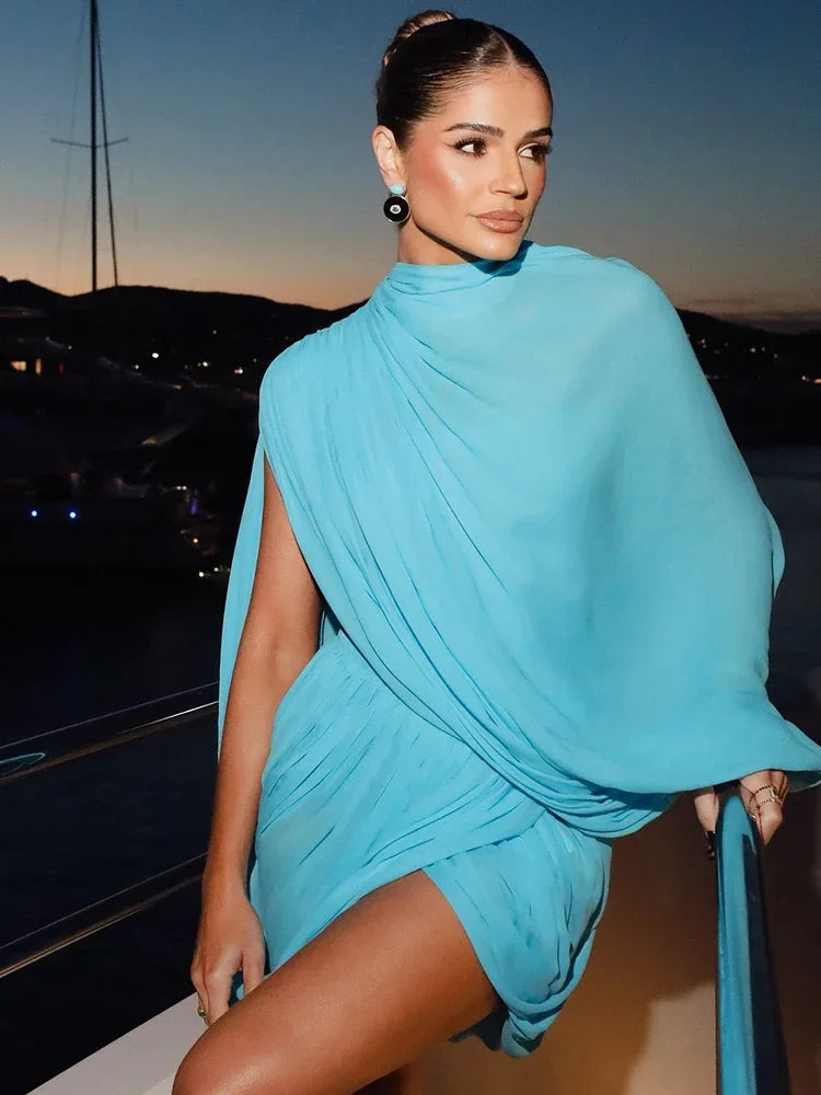 Turquoise Draped Mini Dress with High Neck – Asymmetrical Party Dress for Women