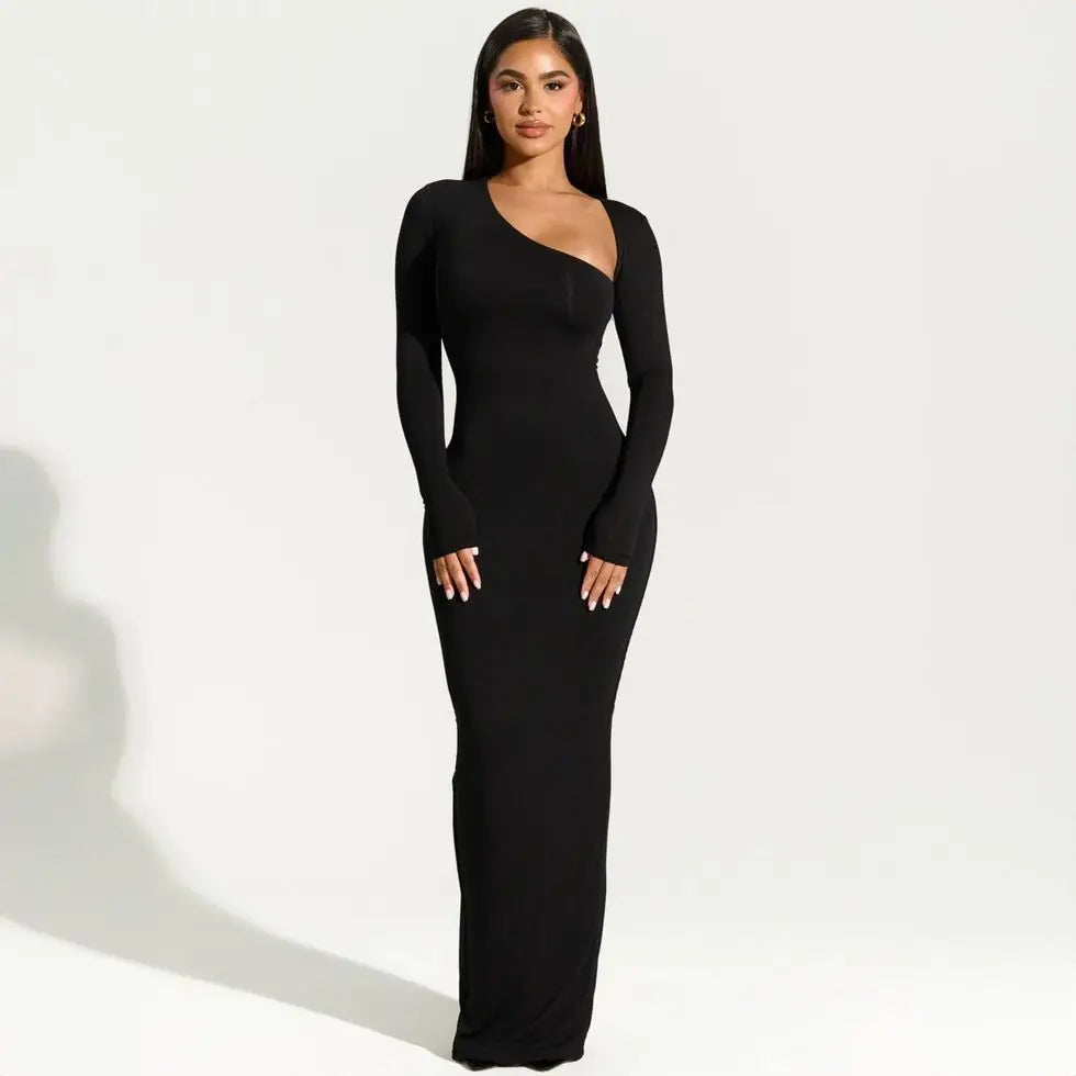 One-Shoulder Long Sleeve Evening Gown – Floor-Length Bodycon Formal Dress