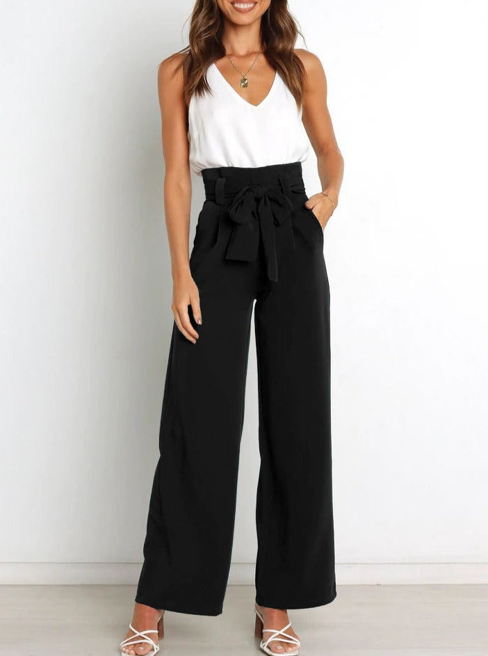 Women’s High-Waisted Wide-Leg Black Trousers with Tie Belt