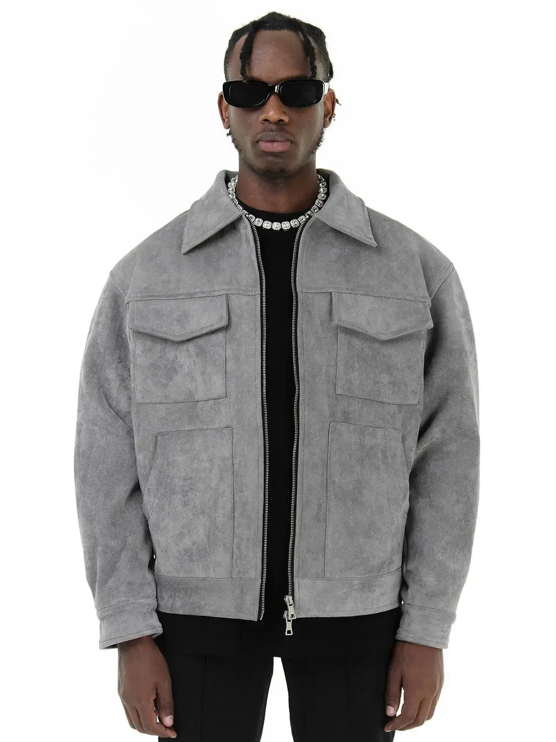 Men’s Premium Suede Cargo Jacket – Modern Grey Streetwear Nuvella-Lane