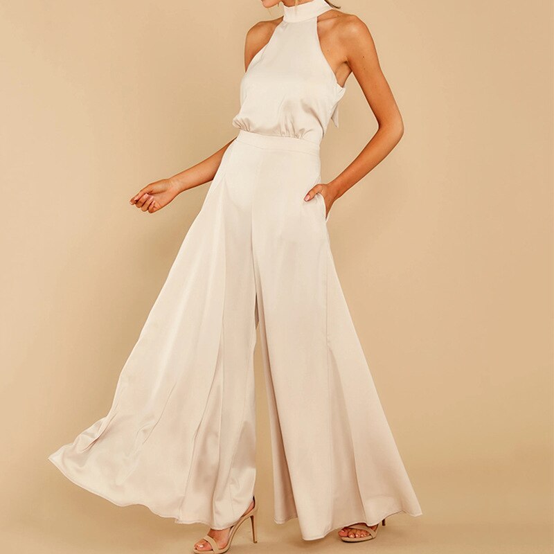 Women’s White Halterneck Jumpsuit – Wide Leg Evening One-Piece