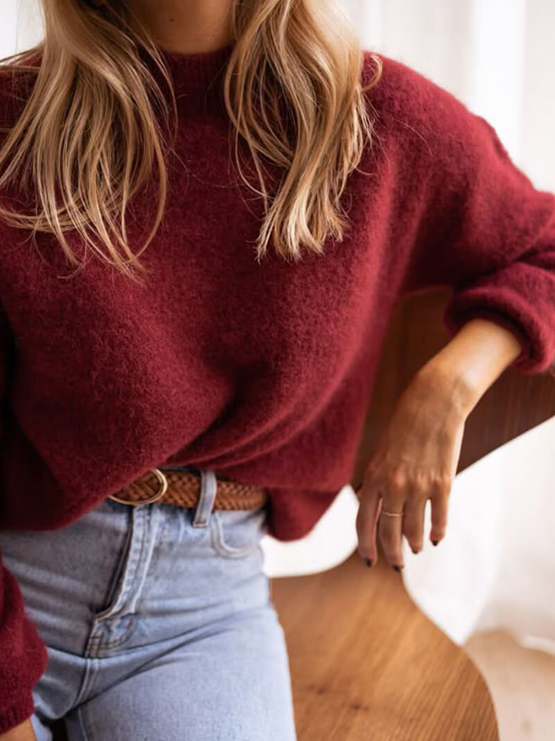Women's Oversized Crew Neck Sweater – Burgundy Knit Pullover