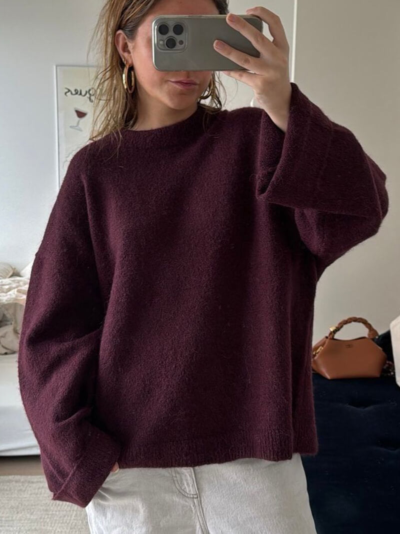 Women's Oversized Crew Neck Sweater – Burgundy Knit Pullover