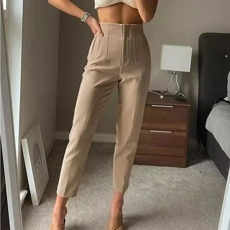 Women’s High-Waisted Beige Trousers – Slim Straight-Leg Fit